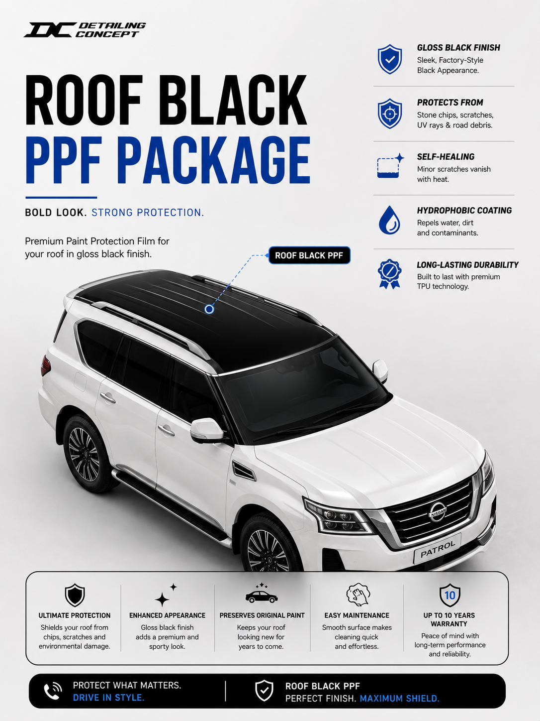 Roof Black Paint Protection Film (PPF) Package | Gloss Black Roof Wrap | 10-Year Warranty