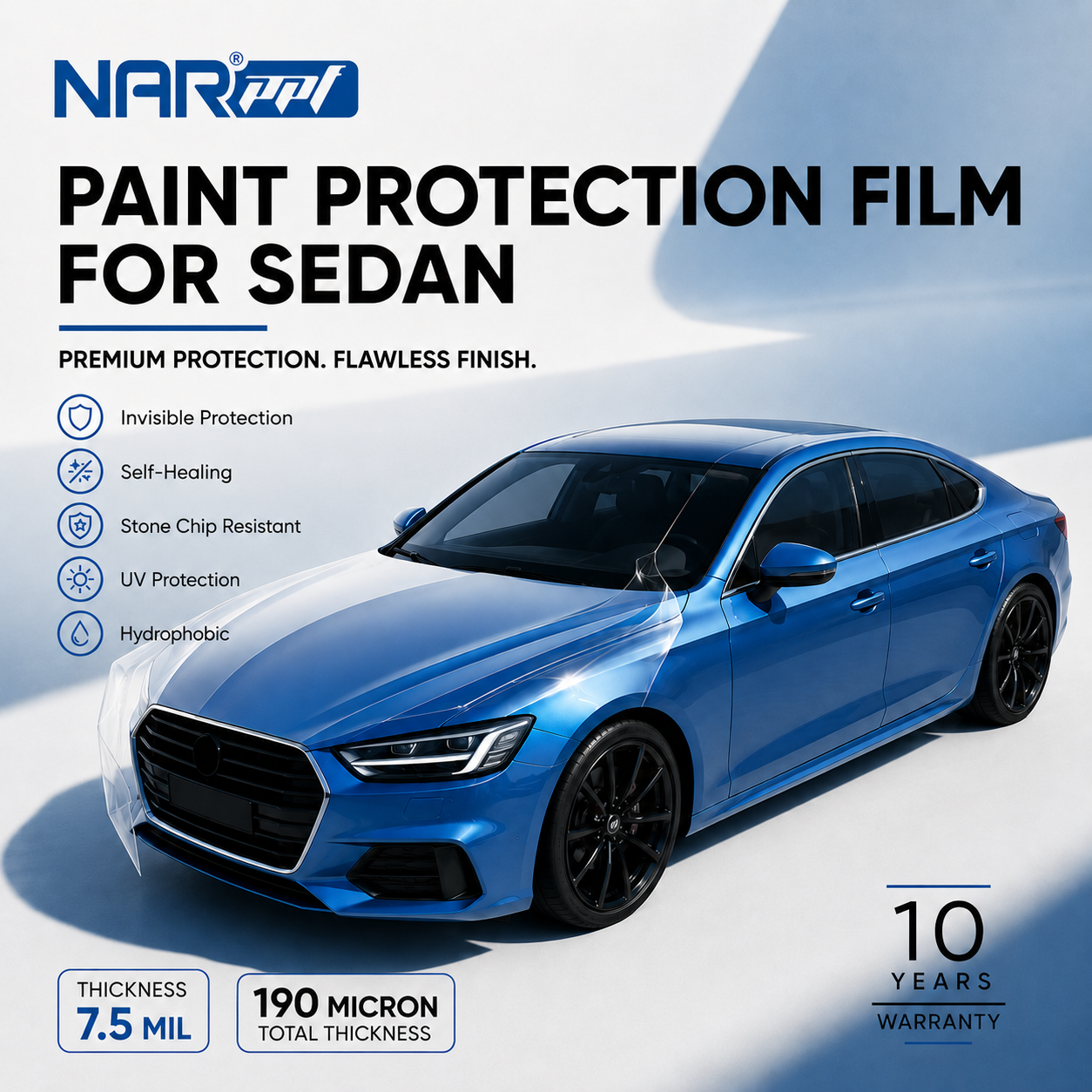 NAR Premium Paint Protection Film (PPF) For Sedan | 7.5 Mil TPU | 190 Micron | 10-Year Warranty