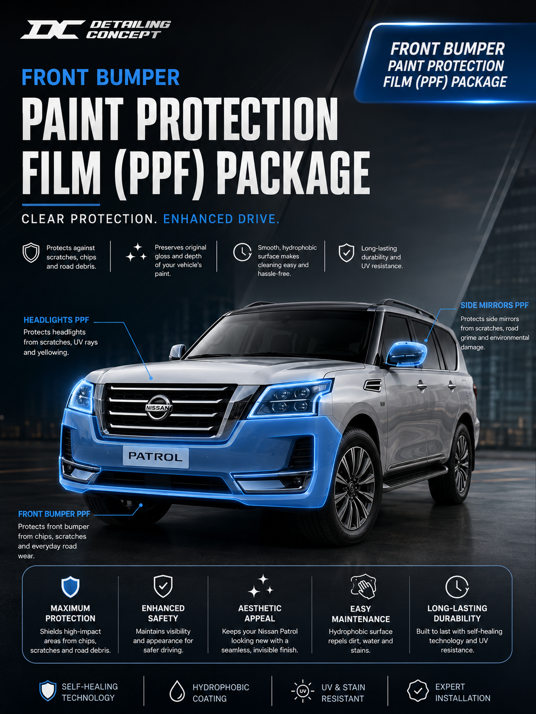 Front Bumper Paint Protection Film (PPF) Package | Front Bumper, Headlights & Side Mirrors | 10-Year Warranty