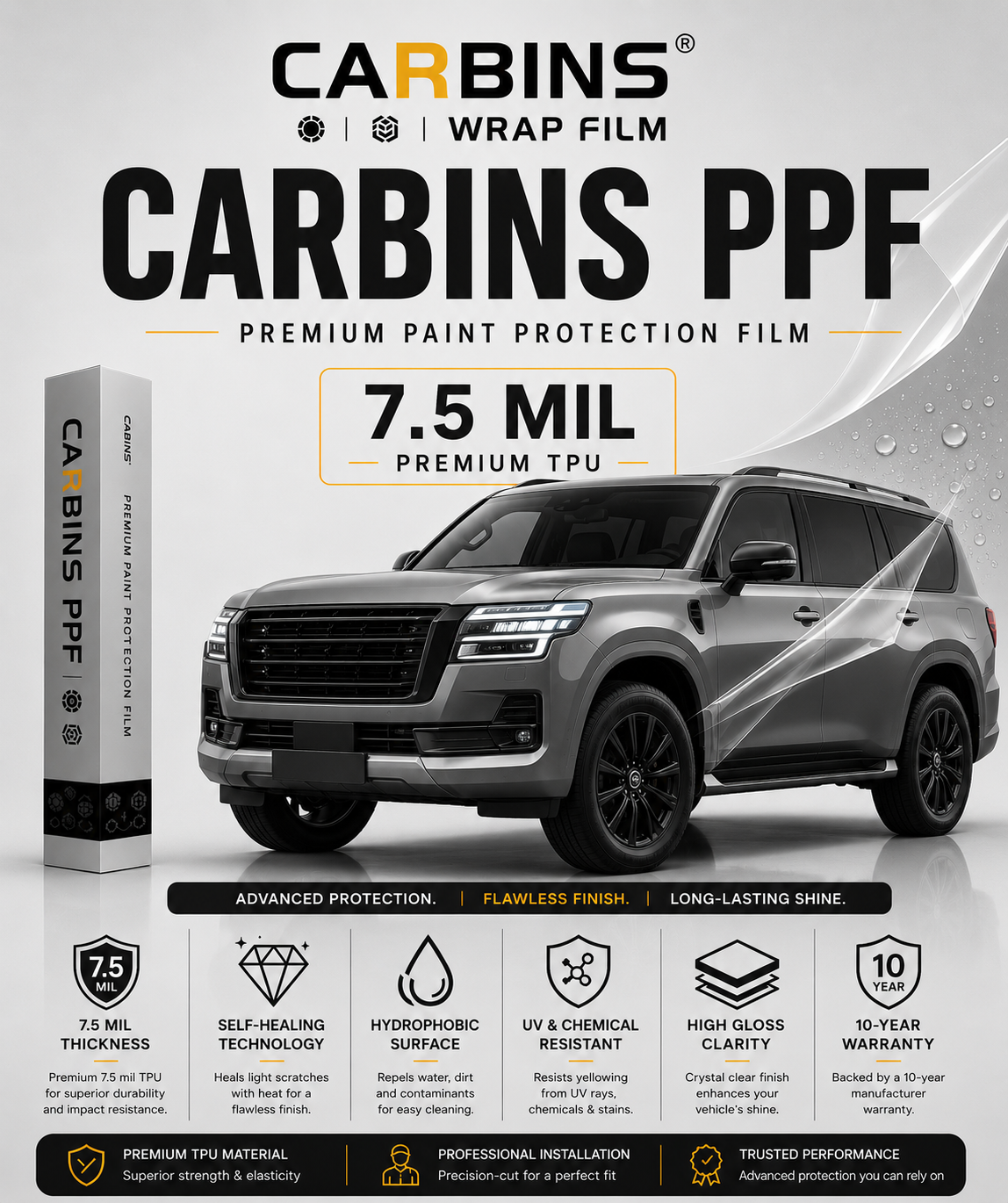 Carbins Gloss Paint Protection Film (PPF) for SUVs | 10-Year Manufacturer Warranty