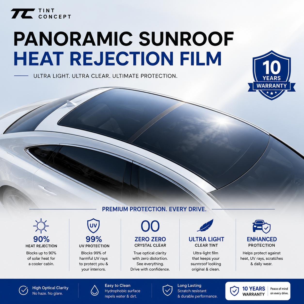 Panoramic Sunroof Heat Rejection Film | 90% Heat Rejection | 10-Year Warranty