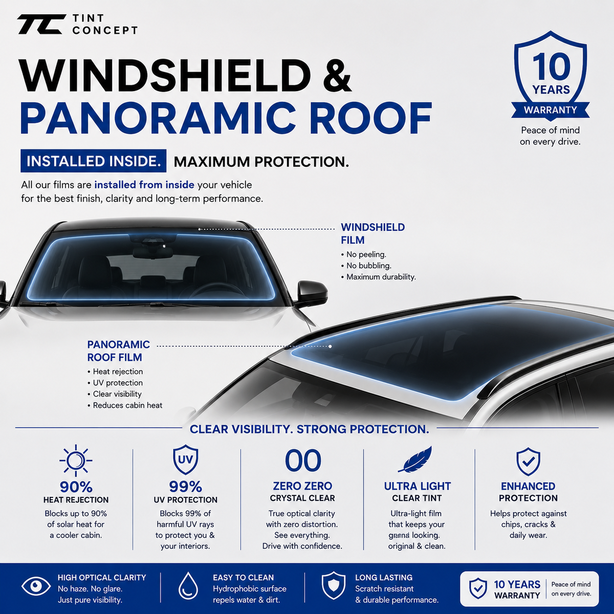 Windshield & Panoramic Roof Heat Rejection Film | 90% Heat Rejection | 99% UV Protection | 10-Year Warranty