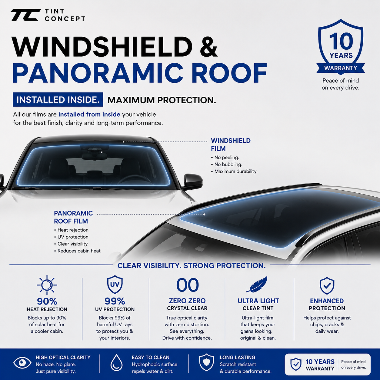 Windshield & Panoramic Roof Heat Rejection Film | 90% Heat Rejection | 99% UV Protection | 10-Year Warranty